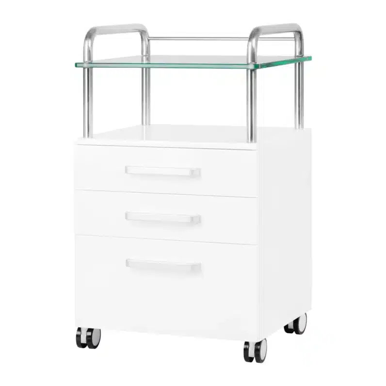 CHARIOT DE SERVICE 3 TIROIRS + PLATEAU EN VERRE TREMPE